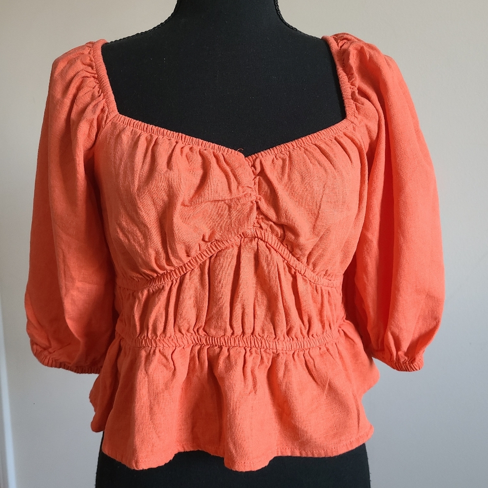 Milkmaid linen blend cropped top women's M puff sleeves orange a new day Boho